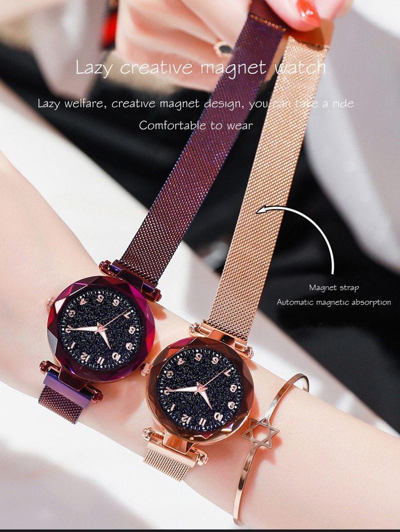 Reloj de Pulsera Magnético de Cuarzo Simple de Lujo para Mujeres - Diseño de Cielo Estrellado