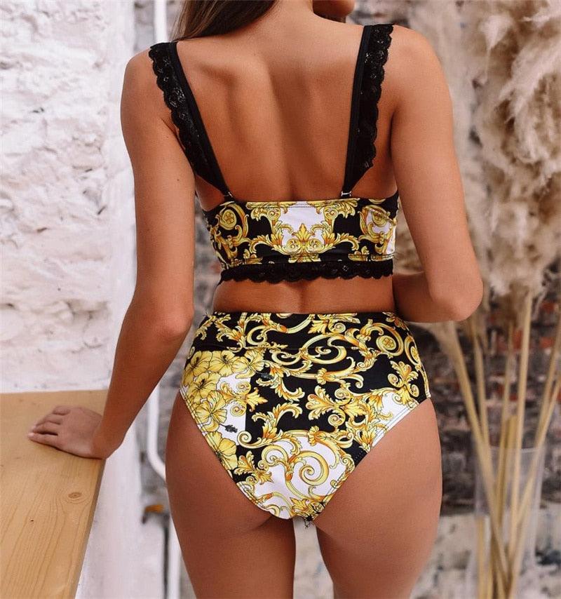 Vintage Black Print Women's High Waist Bikini Set