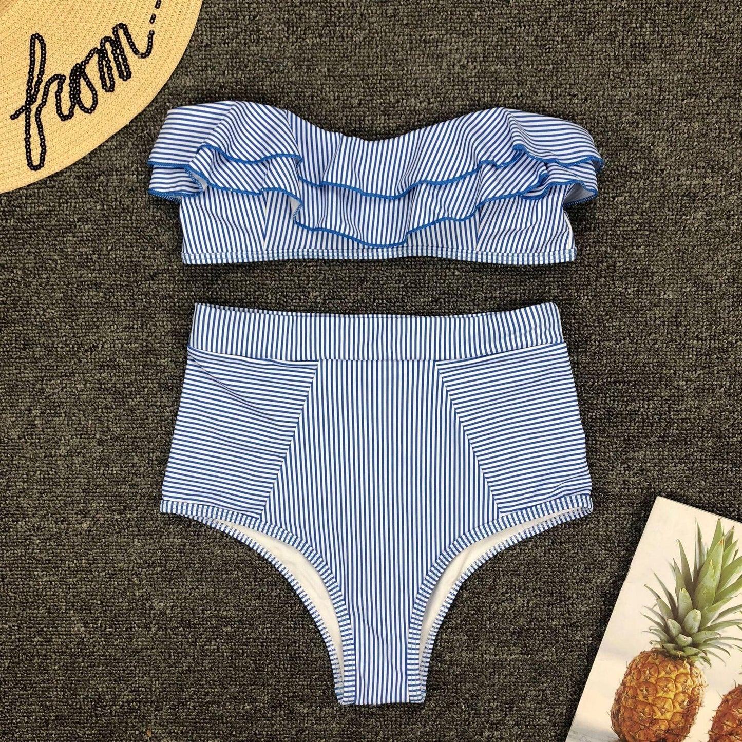 Conjunto de Bikini de Cintura Alta a Rayas Blancas y Azules Retro