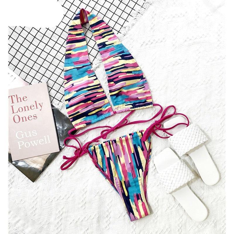 Ensemble de bikinis croisés à col halter - Maillots de bain pour femmes