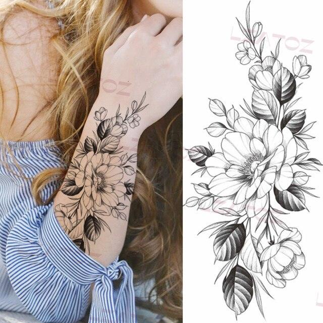 Tatouages Temporaires Fleurs Noires Réalistes pour Femmes