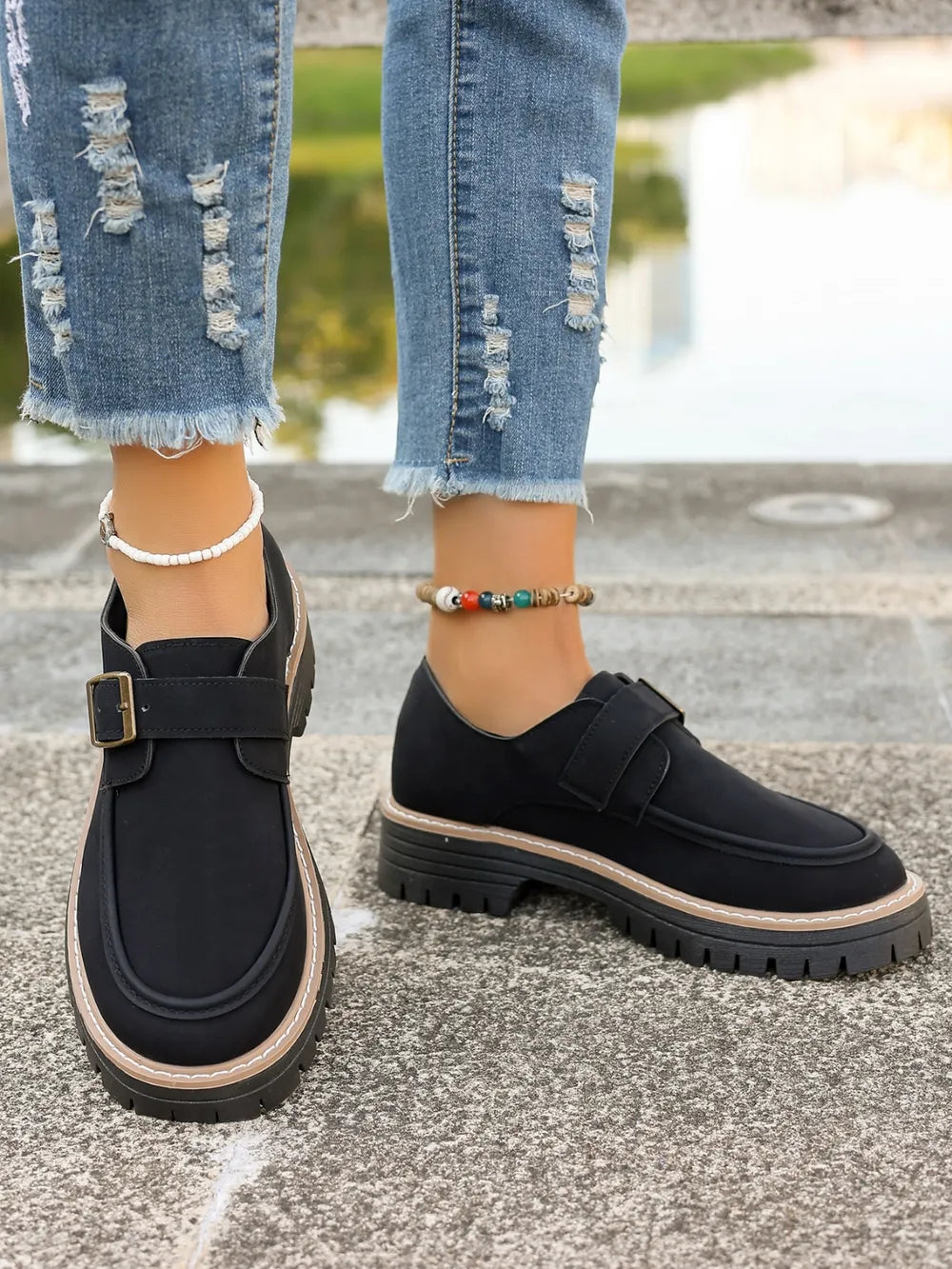 PU Leather Round Toe Buckle Loafers - Korvel