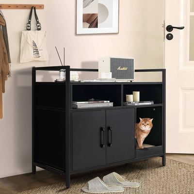 Baño oculto para gatos con puertas dobles y cartón rascador