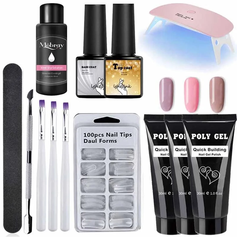 Kit de Poly Gel pour Nail Art Français avec Pinceau UV et Conseils d'Ongles