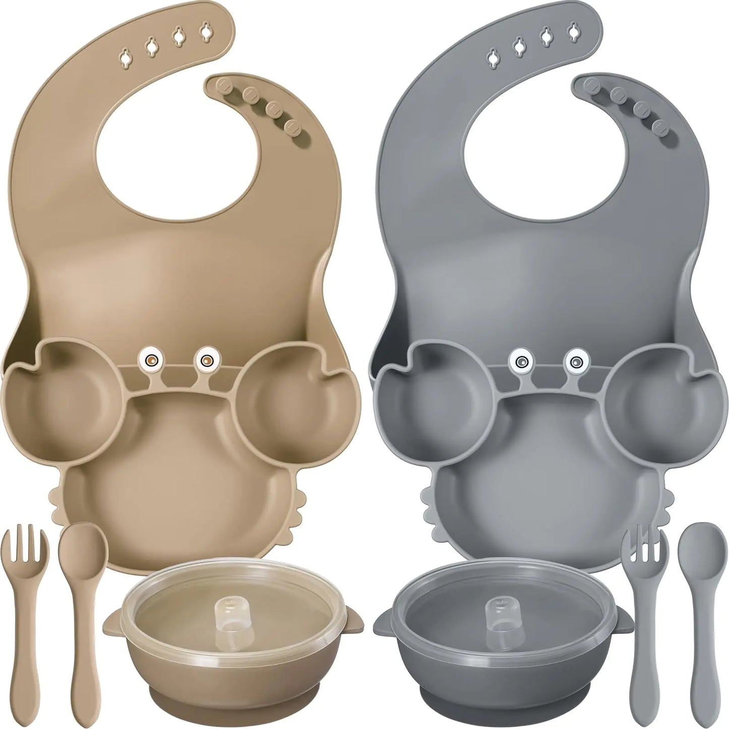 Juego de Alimentación para Bebés de Silicona de 10 Piezas para Autocomida (Gris Oscuro Caqui)