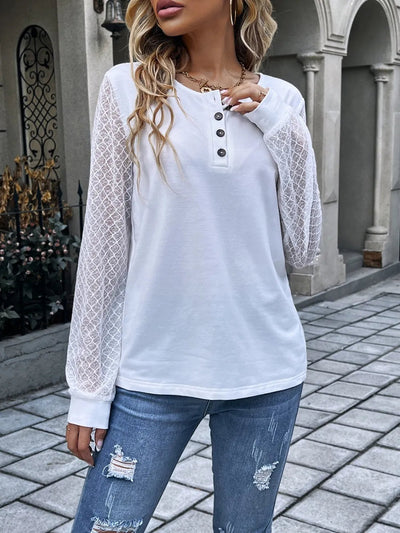Quarter Button Round Neck Long Sleeve Blouse - Korvel