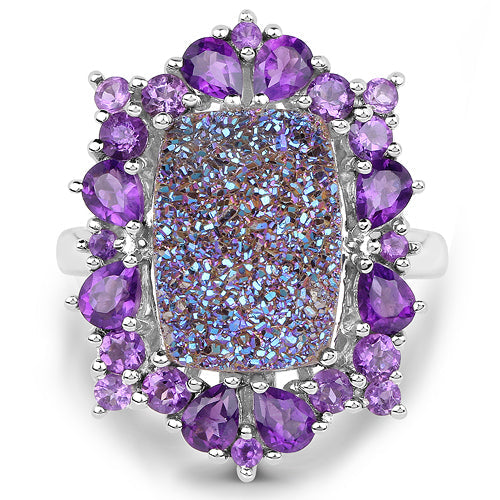 5.97 Carat Genuine Drusy Quartz and Amethyst Sterling Silver Ring