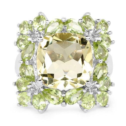 Anillo de Plata Esterlina con Cuarzo Limón y Peridoto de 9.38 Quilates