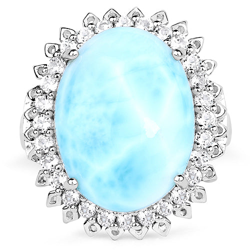 Anillo de Larimar de 17.62 quilates y Topacio Blanco en Plata Esterlina
