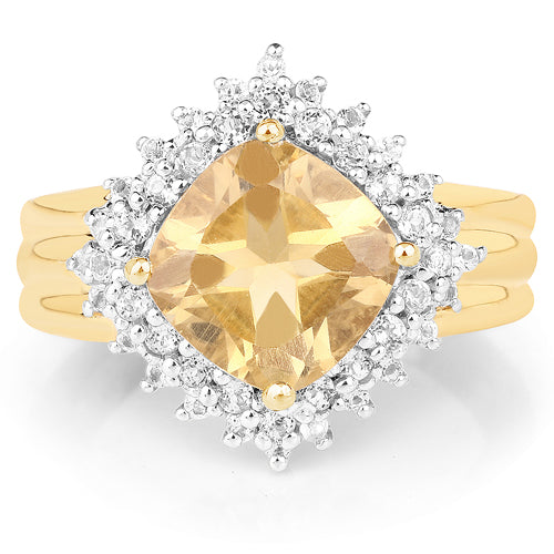 14K Yellow Gold Plated Citrine & White Topaz Halo Ring