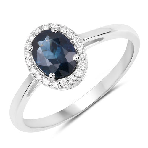 Bague Halo en Saphir Bleu et Diamants de 1,21 Carat en Or Blanc 14K