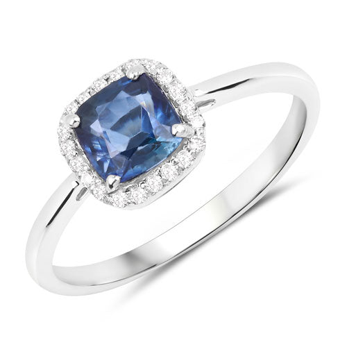 Bague de fiançailles en saphir bleu et diamant de 1,15 carat en or blanc 14K