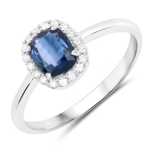 Bague Halo en Saphir Bleu et Diamants de 1,17 Carat en Or Blanc 14K