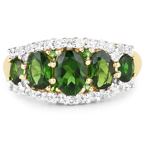 Bague en Chrome Diopside et Topaze Blanche Plaquée Or Jaune 18K de 2,70 Carats
