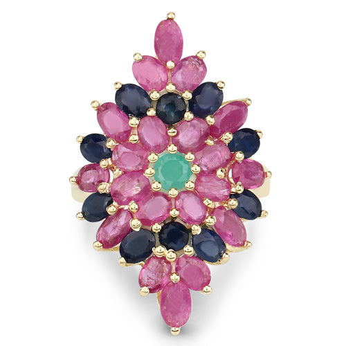 6.97 Carat Genuine Emerald, Blue Sapphire and Ruby Sterling Silver Ring