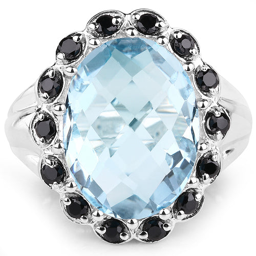 Bague en argent sterling avec topaze bleue et spinelle noir de 12,49 carats