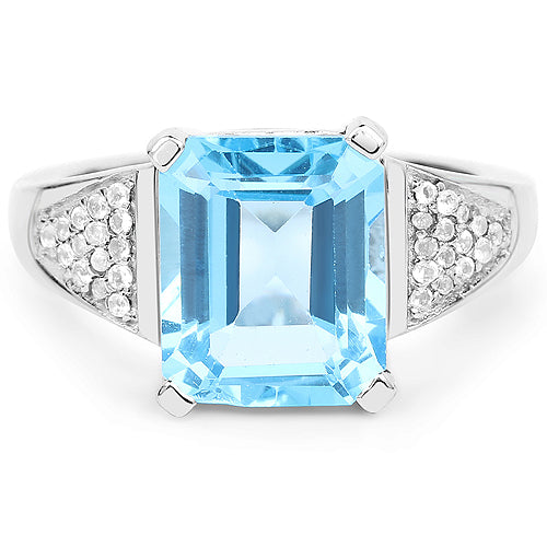 Anillo de plata esterlina con topacio azul suizo y topacio blanco de 5.75 quilates