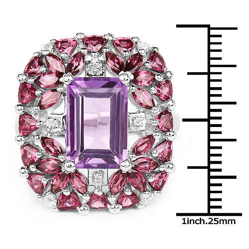 Bague en argent sterling avec améthyste rose et rhodolite de 7,59 carats