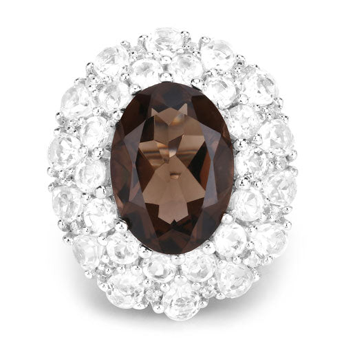 Anillo de Plata Esterlina con Cuarzo Ahumado de 9.29 Quilates y Topacio Blanco