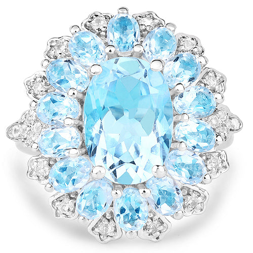 Bague en argent sterling avec topaze bleue et topaze blanche de 7,57 carats