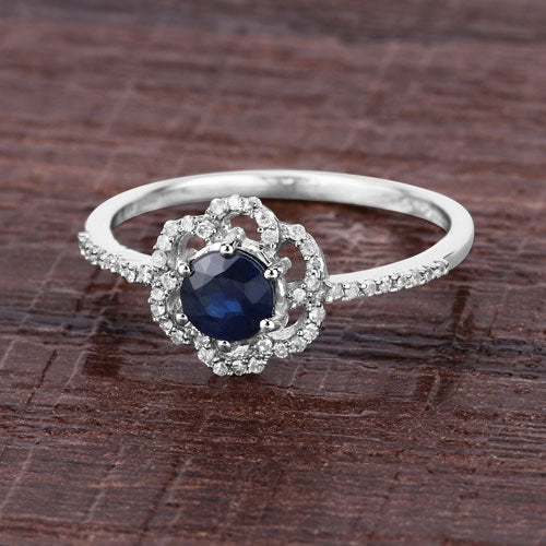 Bague de fiançailles en saphir bleu de 0,78 carat et diamant en or blanc 14K