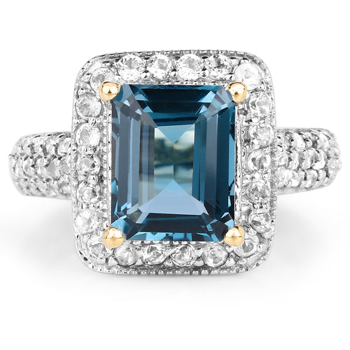 Anillo de Topacio Azul Londres y Topacio Blanco Bañado en Oro Amarillo de 14K