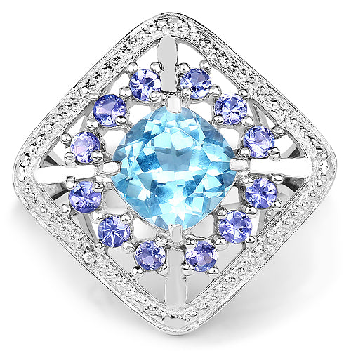 Bague en argent sterling avec topaze bleue et tanzanite de 4,24 carats