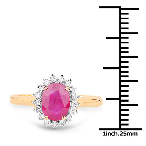 1.48 Carat Ruby and Diamond Halo Ring in 14K Yellow Gold