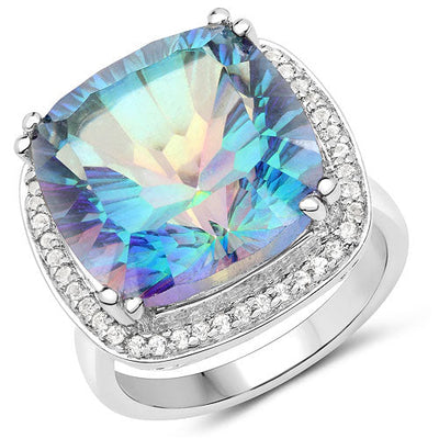 13.33 Carat Blue Rainbow Quartz & White Topaz Sterling Silver Ring