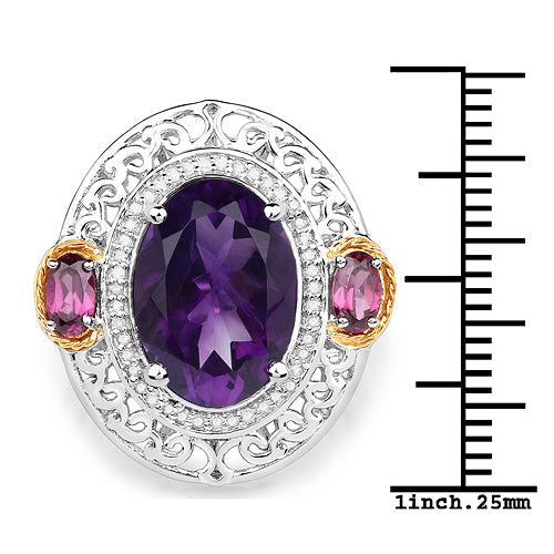 Bague en or 14K avec améthyste de 5,58 carats, rhodolite et diamant