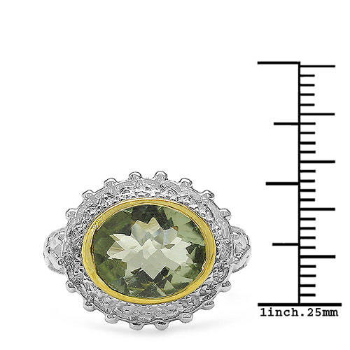 Bague en Argent Sterling Plaquée Deux Tons avec Améthyste Verte et Topaze Blanche