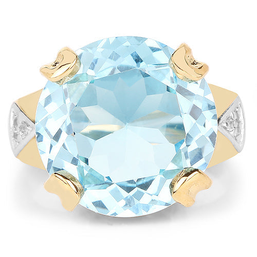 Anillo de Topacio Azul y Topacio Blanco Bañado en Oro Amarillo de 14K
