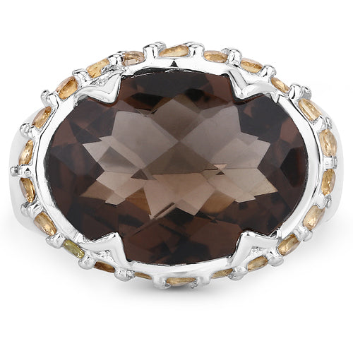 9.58 Carat Genuine Smoky Quartz and Citrine Sterling Silver Ring