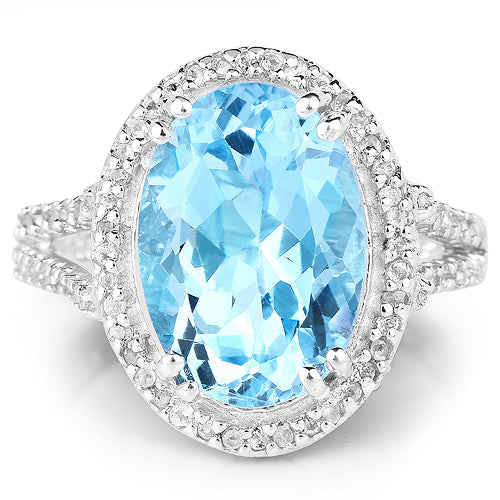 8.15 Carat Blue Topaz & White Topaz Sterling Silver Ring