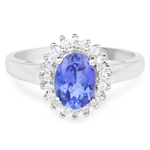 Anillo de Plata de Ley con Tanzanita Genuina de 1.45 Quilates y Zirconia Blanca