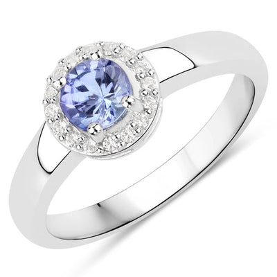 Bague en argent sterling avec tanzanite véritable de 0,55 carat et topaze blanche