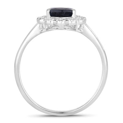 Bague Halo en Saphir Bleu et Diamants de 1,46 Carat en Or Blanc 10K