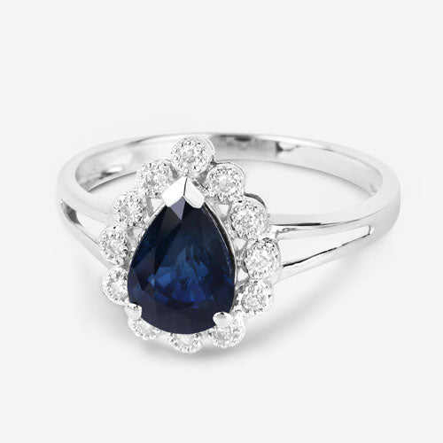 Bague de fiançailles en saphir bleu et diamant de 1,46 carat en or blanc 14K