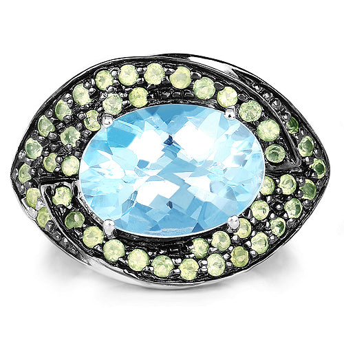 Anillo de Plata Esterlina con Topacio Azul y Peridoto de 7.39 Quilates