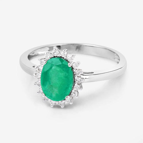 Bague de fiançailles en or blanc 10K avec émeraude zambienne de 1,34 carat et diamants