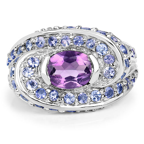 2.76 Carat Genuine Amethyst and Tanzanite Sterling Silver Ring