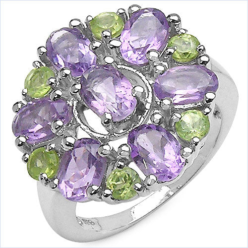 3.61 Carat Genuine Amethyst and Peridot Sterling Silver Ring