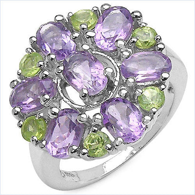 3.61 Carat Genuine Amethyst and Peridot Sterling Silver Ring