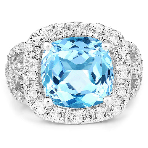 Anillo de plata esterlina con topacio azul y topacio blanco de 5.17 quilates
