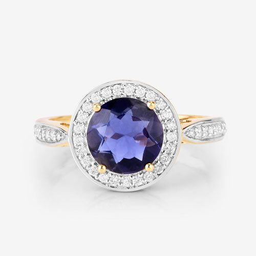 Bague en or jaune 14K avec iolite de 1,79 carat et diamants blancs