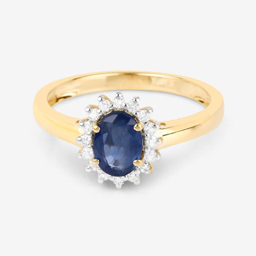 Anillo Halo de Zafiro Azul y Diamantes de 1.11 Quilates en Oro Amarillo de 10K