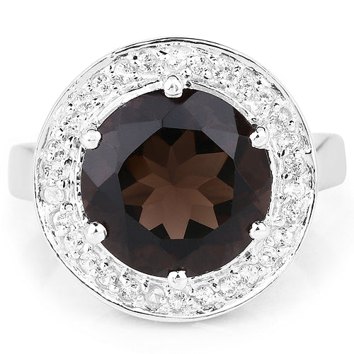 Bague en argent sterling avec quartz fumé de 4,52 carats et topaze blanche