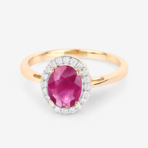 Bague en or jaune 14K avec rubis véritable de 1,83 carat et diamants blancs