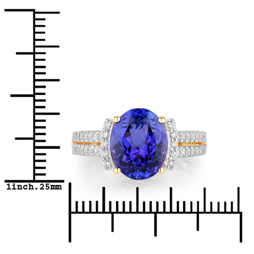 Bague en or jaune 14K avec tanzanite véritable de 4,20 carats et diamants blancs