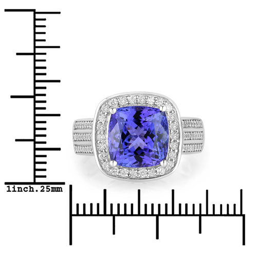 Bague en or blanc 14K avec tanzanite véritable de 5,59 carats et diamants blancs